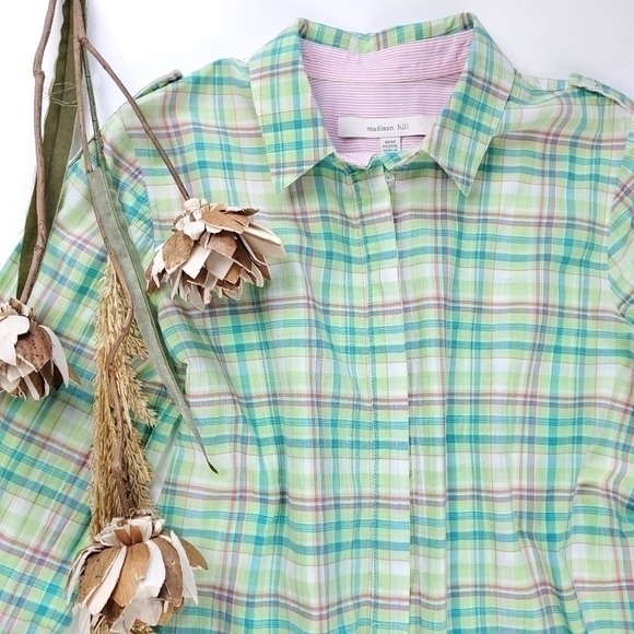 Madison Hill Green Pink Plaid Casual Button Down Shirt Sz Medium Petite - Picture 12 of 12